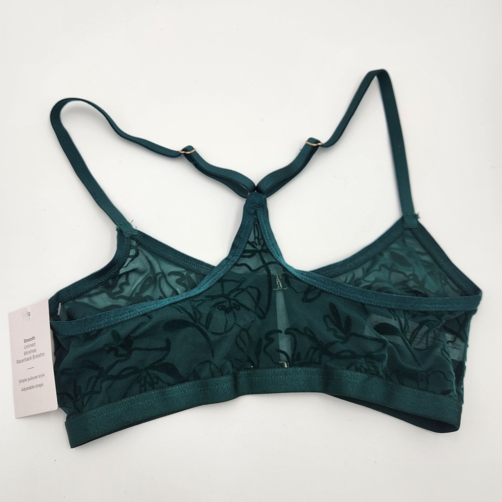 Auden Womens XS Dark Green Floral Mesh Racerback Bralette Unlined Wirefree New